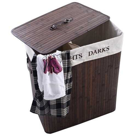 Image of Folding 2-Bin Brown Bamboo Laundry Hamper with Handles