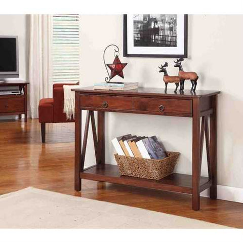 Image of 2-Drawer Console Sofa Table Living Room Storage Shelf in Tobacco Brown