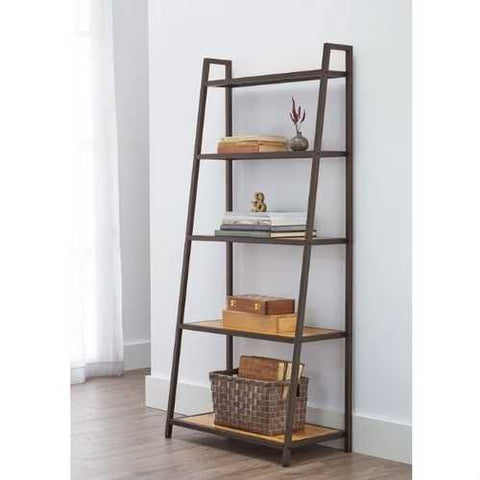 Image of Steel Frame 5-Shelf Leaning Shelving Unit Bookcase with Bamboo Shelves