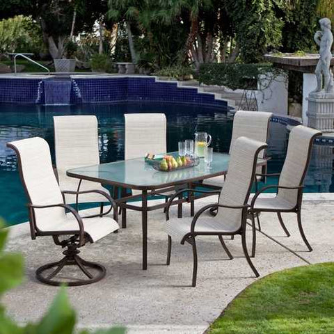 Image of 72 x 42-inch Rectangle Outdoor Patio Dining Table with Glass Top and Umbrella Hole