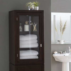 Espresso Wood Linen Tower Bathroom Storage Cabinet with Glass Paneled Door