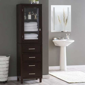 Espresso Wood Linen Tower Bathroom Storage Cabinet with Glass Paneled Door