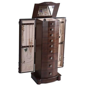 Dark Brown Wood Jewelry Armoire Storage Chest with Mirror