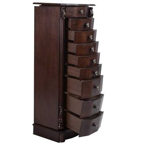 Image of Dark Brown Wood Jewelry Armoire Storage Chest with Mirror