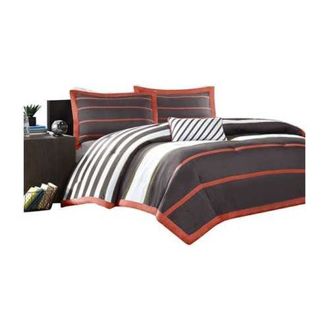 Image of Full / Queen Bed Bag Comforter Set in Dark Gray Orange White Stripes