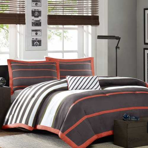 Image of Full / Queen Bed Bag Comforter Set in Dark Gray Orange White Stripes