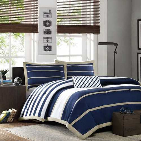 Image of Twin / Twin XL Comforter Set in Navy White Khaki Stripes