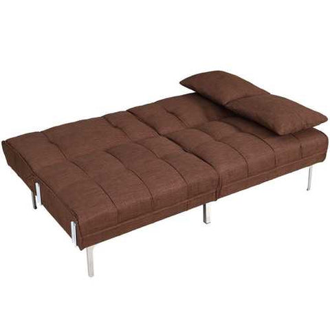 Image of Modern Brown Linen Futon Sofa Bed Couch with Metal Legs