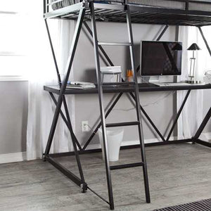 Modern Twin over Desk Loft Bed with Ladder in Black Metal Finish