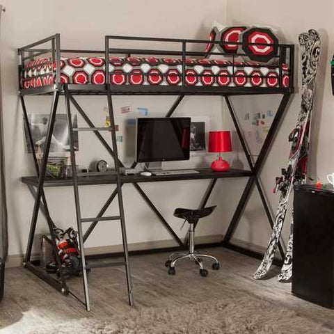 Image of Modern Twin over Desk Loft Bed with Ladder in Black Metal Finish