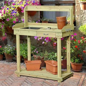 Natural Wood Potting Bench Table with Sink and Outdoor Storage Spac