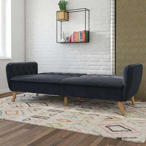 Image of Memory Foam Blue Velvet Upholstered Futon Sofa Bed with Mid-Century Style Wood Legs