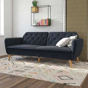 Memory Foam Blue Velvet Upholstered Futon Sofa Bed with Mid-Century Style Wood Legs