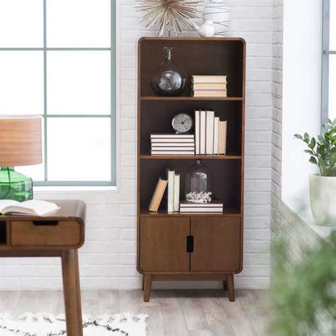 Image of Modern Classic Mid-Century Style Bookcase Cabinet in Wallnut Wood Finish