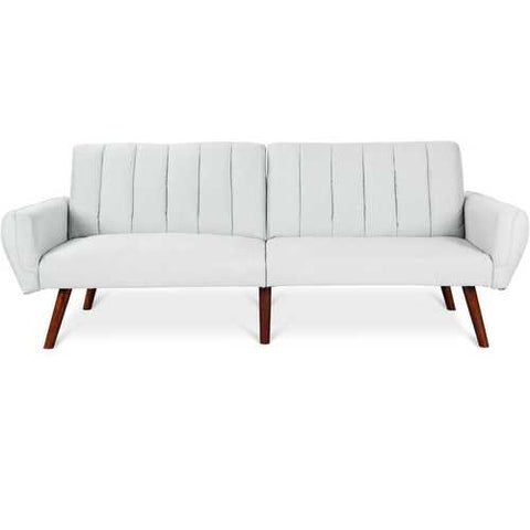 Image of Modern Mid-Century Grey Linen Split-Back Futon Sofa Bed Couch