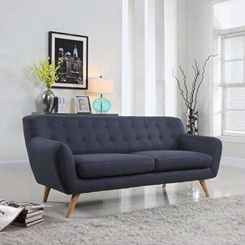 Image of Modern Navy Blue Linen Upholstered Mid-Century Style Sofa Loveseat