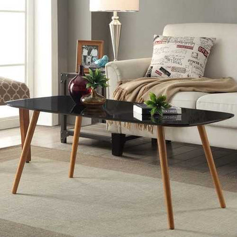 Image of Modern Classic Mid-Century Style Black Top Coffee Table with Solid Wood Legs