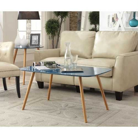 Image of Modern Mid-Century Blue Top Coffee Table with Solid Wood Legs