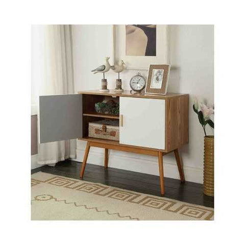 Image of Mid-Century Modern Console Table Storage Cabinet with Solid Wood Legs