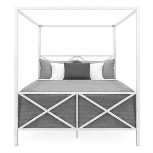 Queen size Modern Industrial Style White Metal Canopy Bed Frame