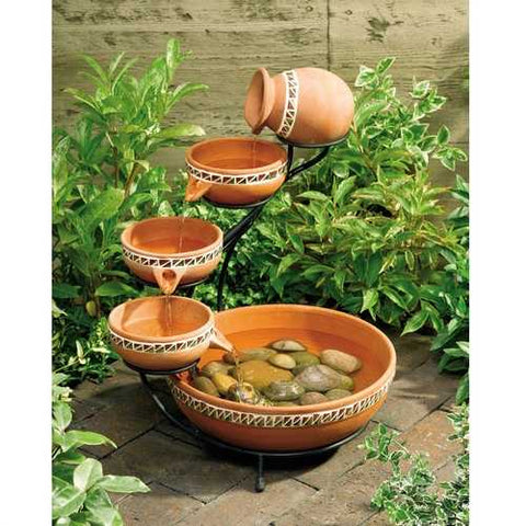 Image of Terracotta 5-Tier Bowls Outdoor Solar Fountain Bird Bath