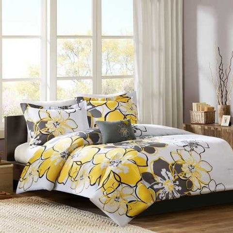 Image of Queen size 4-Piece Comforter Set with Yellow Grey Floral Pattern