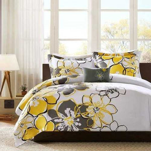 Queen size 4-Piece Comforter Set with Yellow Grey Floral Pattern