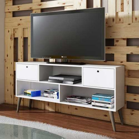 Image of Mid-Century Modern Entertainment Center TV Stand in White Grey Wood Finish