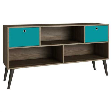 Image of Modern Classic Mid-Century TV Stand Entertainment Center in Oak Aqua Grey Wood Finish