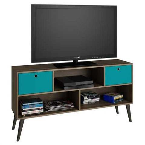 Image of Modern Classic Mid-Century TV Stand Entertainment Center in Oak Aqua Grey Wood Finish