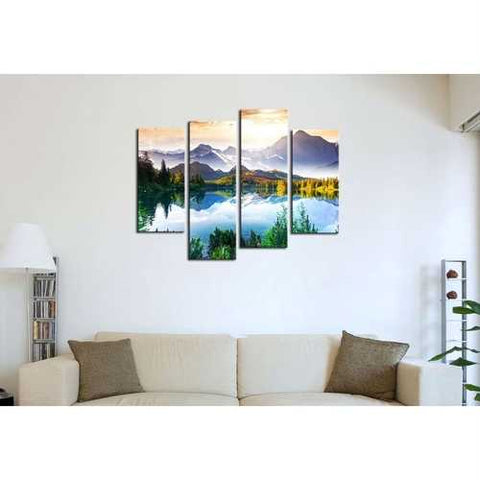 Image of Mountain Forest Lake 4-Panel Wall Art Canvas Print Picture