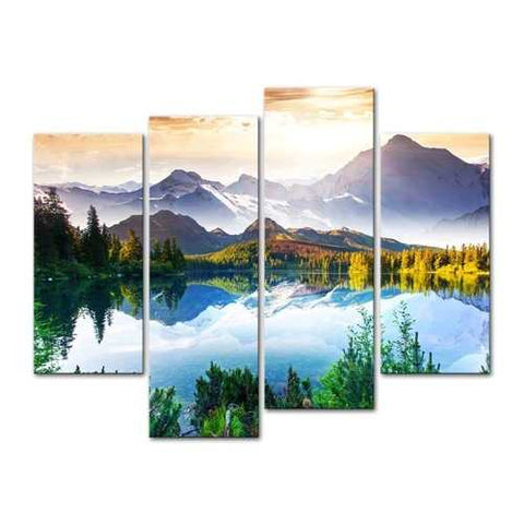 Image of Mountain Forest Lake 4-Panel Wall Art Canvas Print Picture