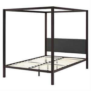 Queen size Brown Metal Canopy Bed Frame with Grey Upholstered Headboard