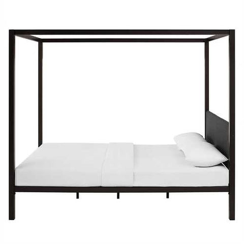 Image of Queen size Brown Metal Canopy Bed Frame with Grey Upholstered Headboard