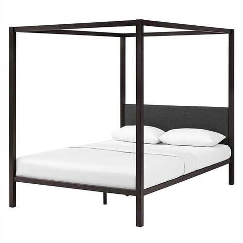 Image of Queen size Brown Metal Canopy Bed Frame with Grey Upholstered Headboard