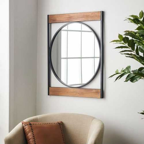 Image of Modern Square Frame Industrial Metal Circle Wall Mirror