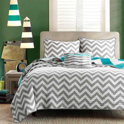 Image of Twin size Reversible Quilt Set in Grey White Teal Blue Green Chevron Stripe