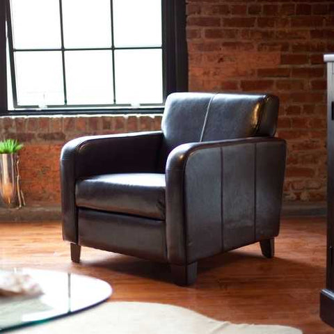 Image of Dark Brown Leather Upholstered Club Chair with Wood Frame and Legs