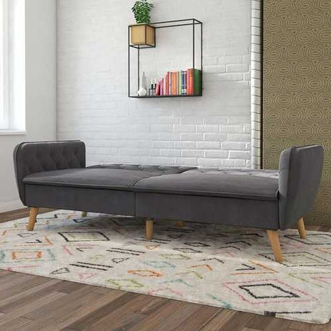 Image of Memory Foam Futon Sofa Bed with Grey Velvet Upholstery and Wooden Legs