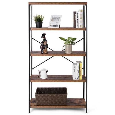 Image of Industrial Metal Wood 5-Tier Bookcase Storage Rack Book Shelf