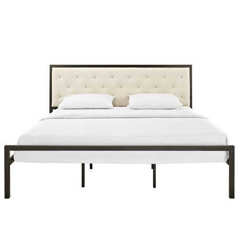 Image of King size Modern Metal Platform Bed Frame with Beige Upholstered Headboard