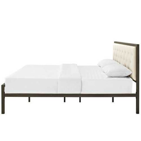 Image of King size Modern Metal Platform Bed Frame with Beige Upholstered Headboard