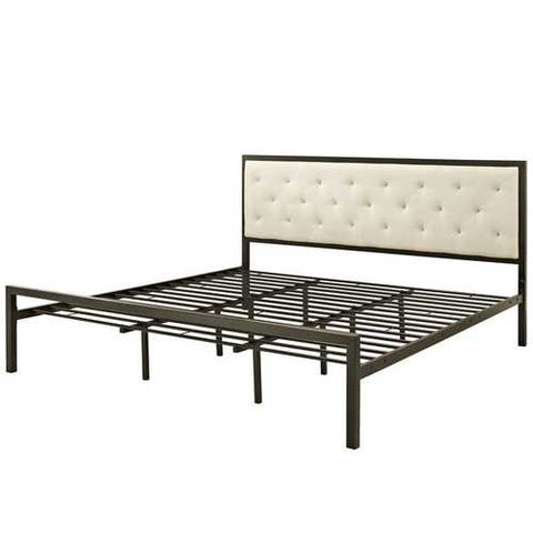 Image of King size Modern Metal Platform Bed Frame with Beige Upholstered Headboard