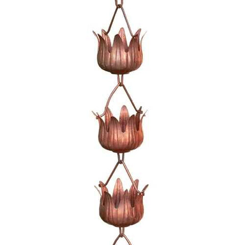 Image of Copper 8.5 Ft Flower Cups Rain Chain Gutter Rainwater Downspout