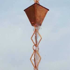 Pure Copper 8.5 Ft Rain Chain with Pyramid Square Cups and Diamond Link Chain