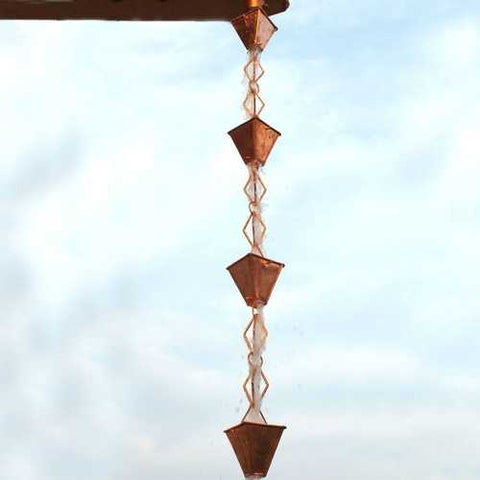 Image of Pure Copper 8.5 Ft Rain Chain with Pyramid Square Cups and Diamond Link Chain