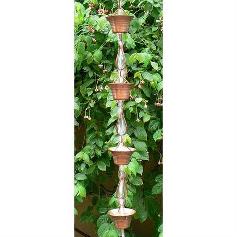 Image of Pure Copper 8.5-Ft Rain Chain with 10 Round Cups and Teardrop Chain-Links