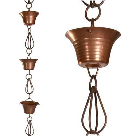 Image of Pure Copper 8.5-Ft Rain Chain with 10 Round Cups and Teardrop Chain-Links