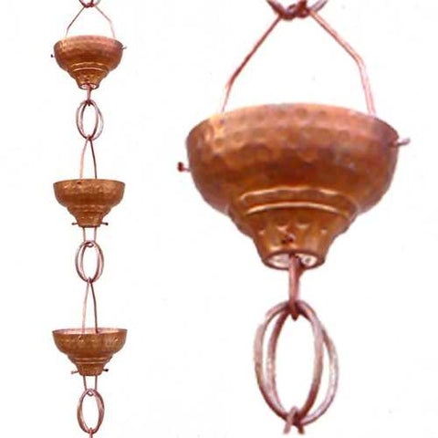 Image of Pure Copper 8.5-Ft Rain Chain with 13 Hammered Funnel Shape Cups