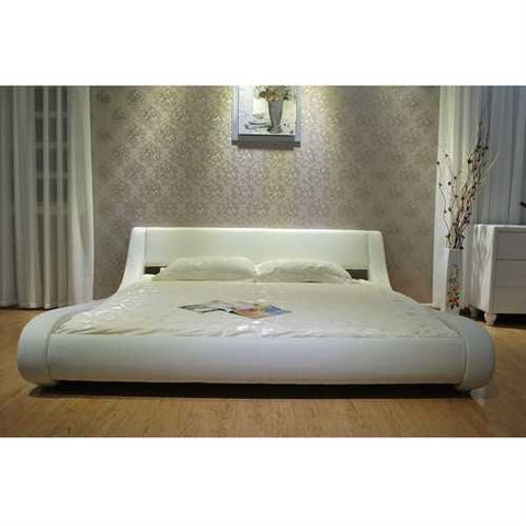 Image of Queen Modern White Upholstered Platform Bed with Curved Sides & Headboard